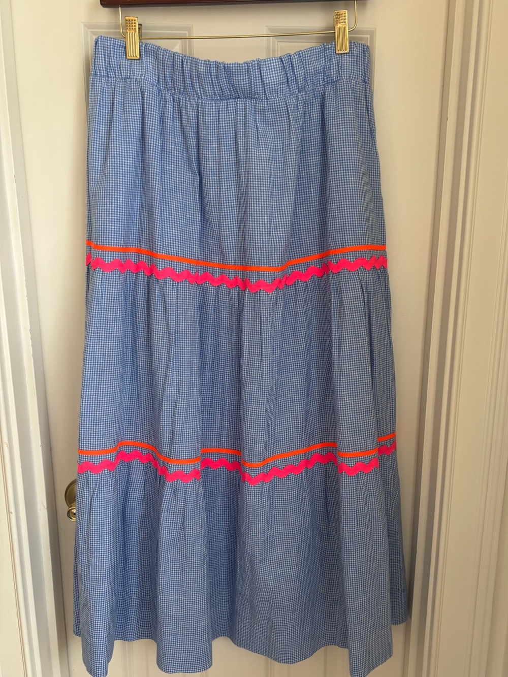 Vilagallo Blue Tiered Midi Skirt with Pink trim